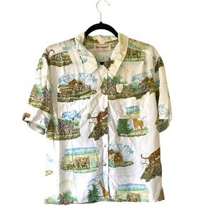 Vintage Bechamel safari animal print women’s button up short sleeve shirt sz 10